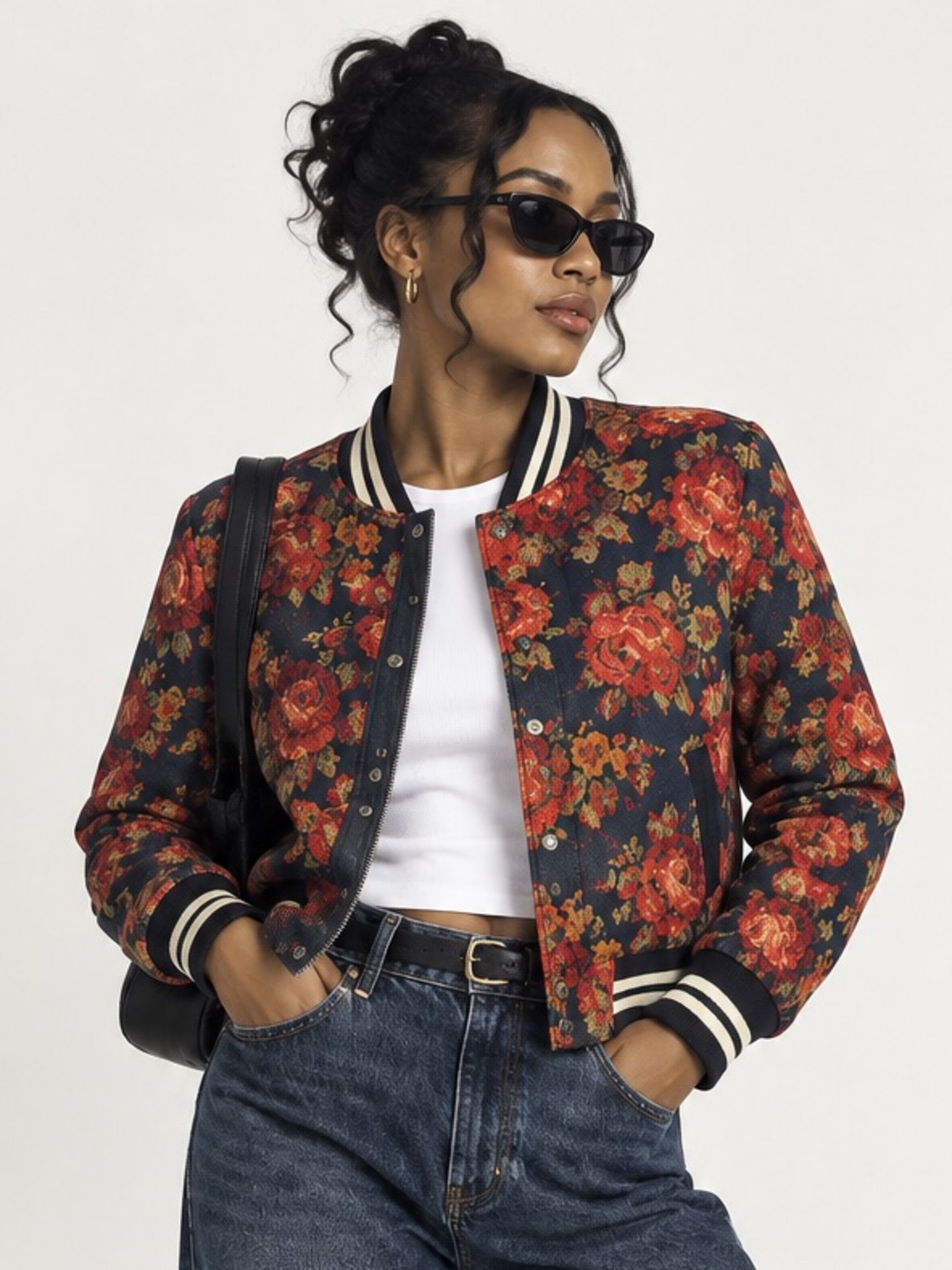 J.O.A. Floral Tapestry Jacquard Varsity Bomber Jacket M